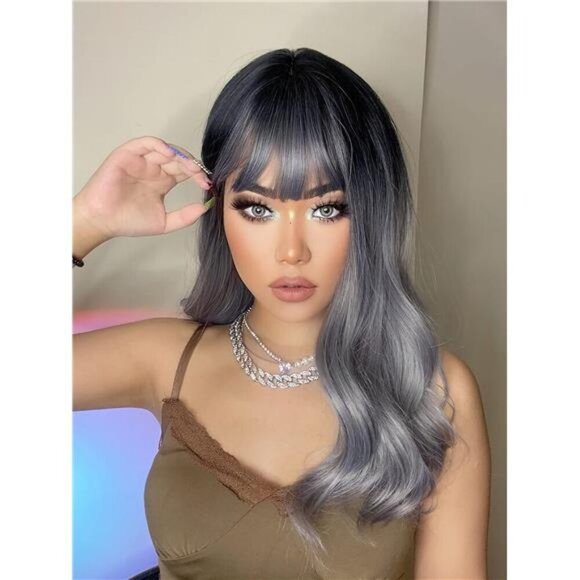 Womens Wigs with Bangs, Synthetic Ombre Grey - Picture 7 of 7